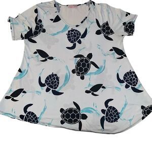Pretty Woman White Black Sea Turtle Print Asymmetric Hem T-shirt Ladies Large